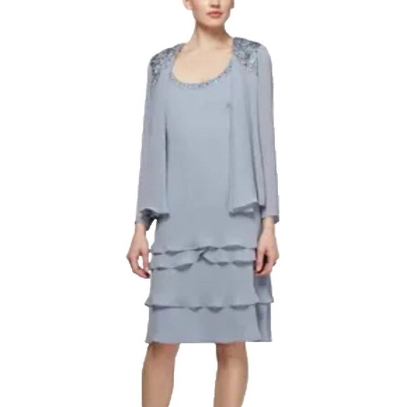 SLNY Jacket & Dress 14 Aloe Blue Ruffled Party Wedding Cruise Flowy NEW - Picture 5 of 16